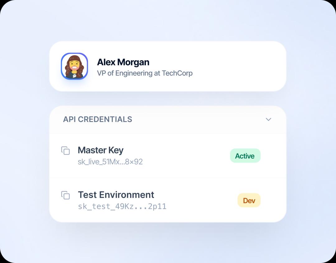 API credentials dashboard showing Master Key and Test Environment
